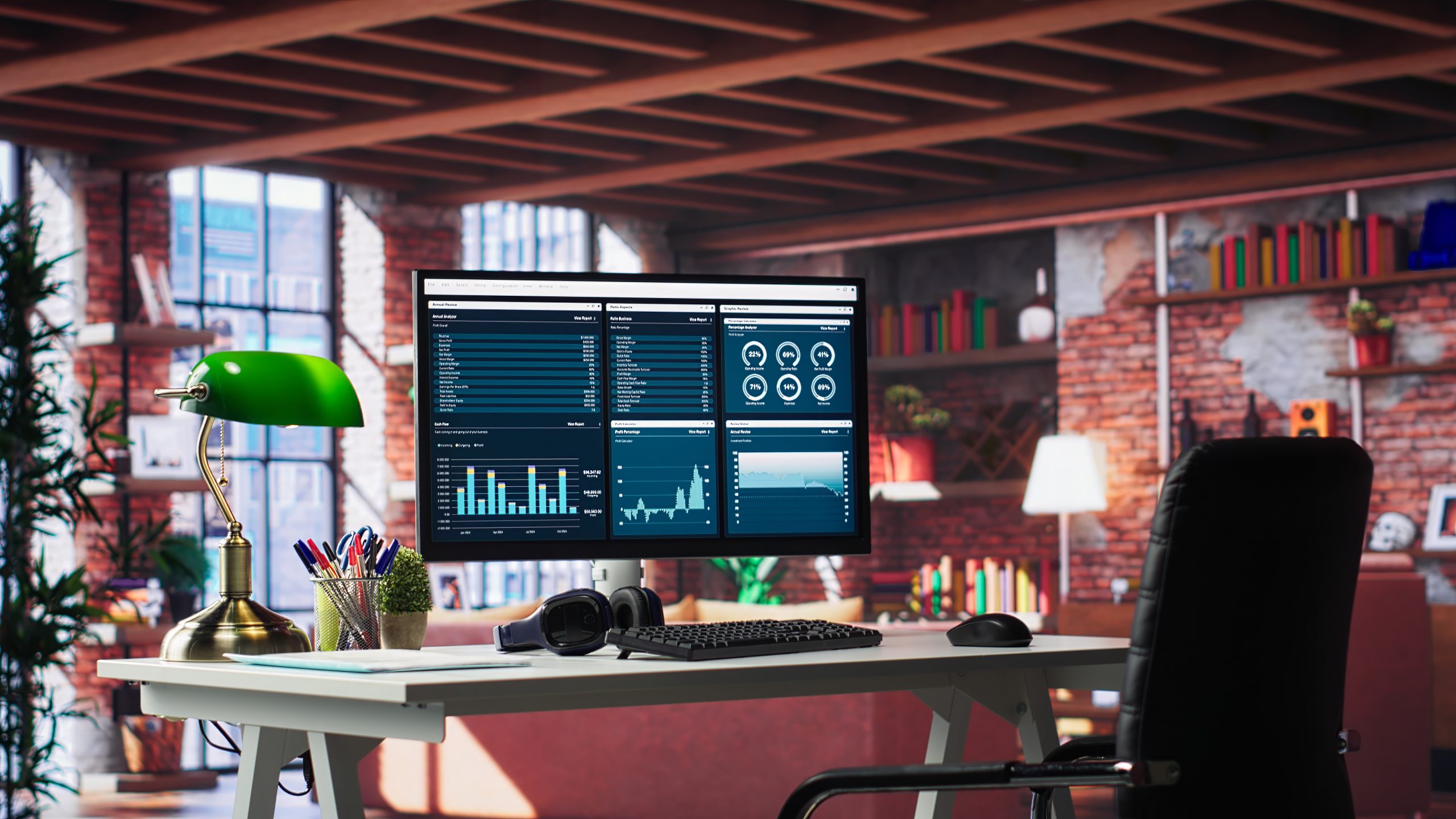 Modern home office with desktop PC monitor displaying business analytics and marketing infographics, clean minimalist desk setup. Bright stylish loft offers a trendy professional ambiance.